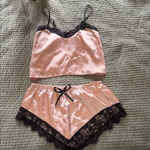 Elegant Pink and Black Lace Trim Sleepwear Set